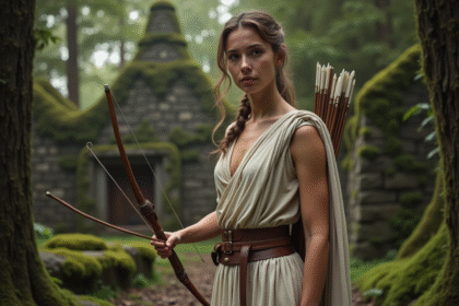 Jeune femme en tunique grecque dans la forêt ancienne