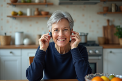 Femme d'âge moyen ajustant une aide auditive dans la cuisine