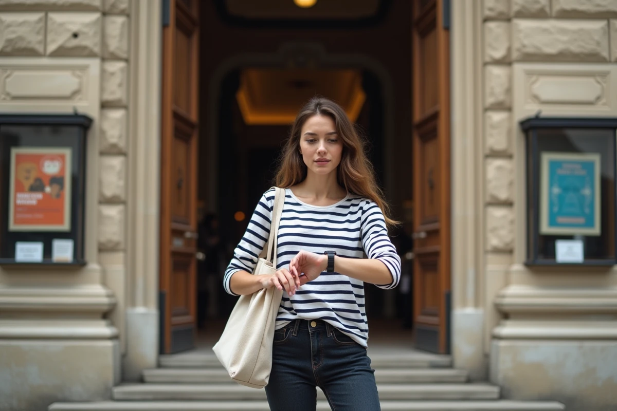 Femme vérifiant l'heure devant une salle culturelle lyonnaise avec son billet Quintonic à la main
