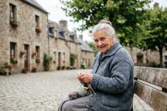 Femme bretonne âgée tricotant dans un village
