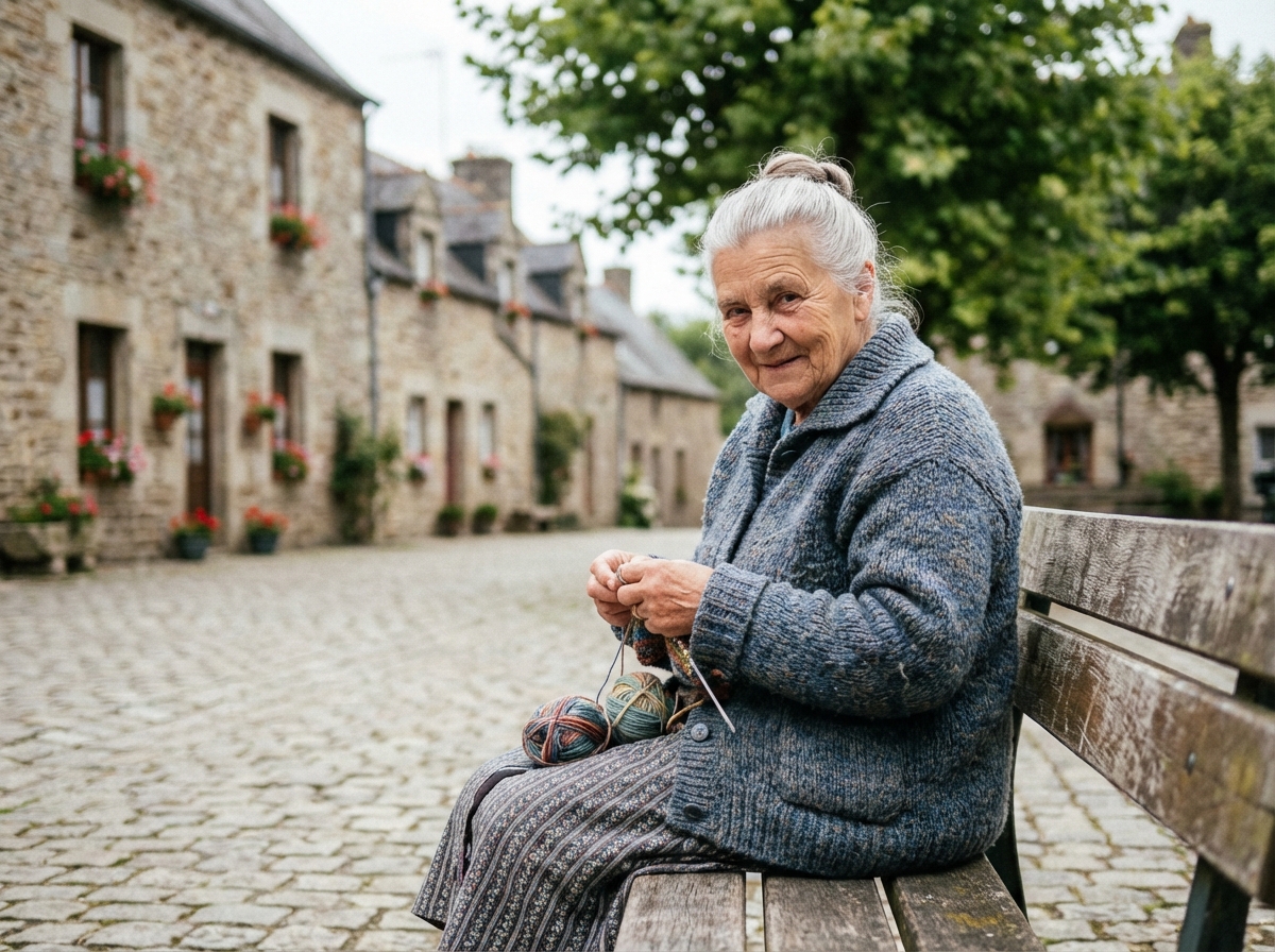 Femme bretonne âgée tricotant dans un village
