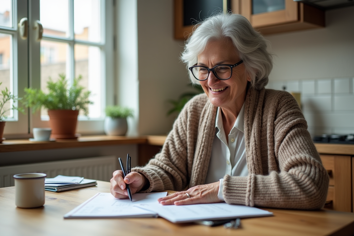 Femme souriante en train de gérer son budget retraite