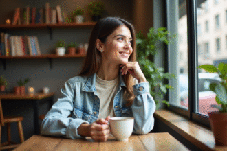 Femme souriante dans un café urbain détendu