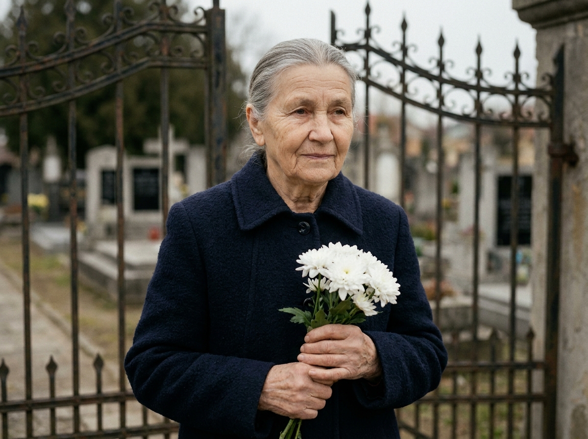 Femme âgée tenant un bouquet de chrysanthèmes blancs devant un portail de cimetière lors d'une cérémonie de deuil