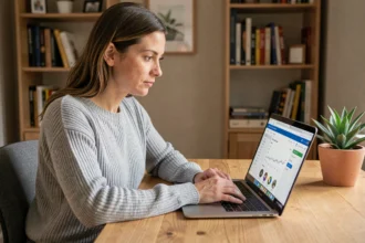 Femme connectée à son compte Scolinfo sur un ordinateur portable dans un bureau à domicile