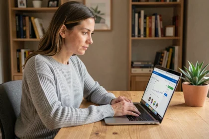 Femme connectée à son compte Scolinfo sur un ordinateur portable dans un bureau à domicile