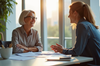 Femme souriante consultant un conseiller financier dans un bureau lumineux