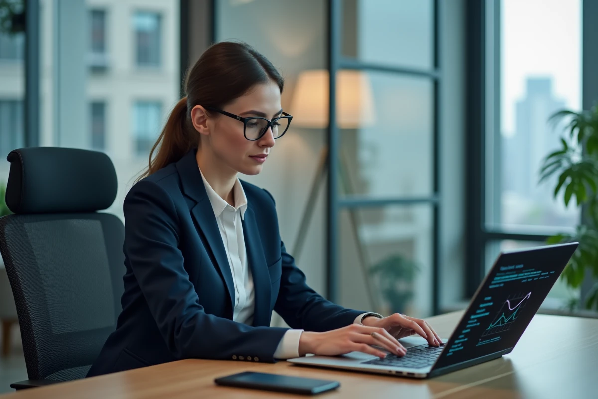 Femme d'affaires en costume navy utilisant un tableau digital