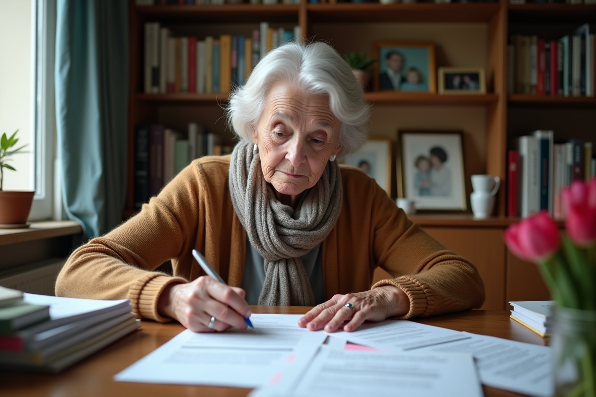 Femme âgée remplissant des formulaires administratifs à son bureau