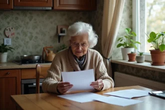 Femme âgée lisant des documents dans sa cuisine chaleureuse
