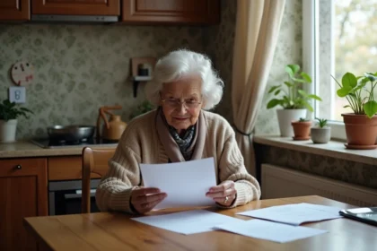 Femme âgée lisant des documents dans sa cuisine chaleureuse