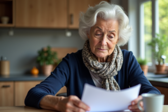 Femme belge âgée examinant des documents de pension à la maison