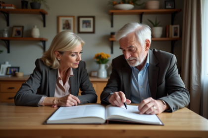 Femme d'âge moyen et son père âgé discutant à la table