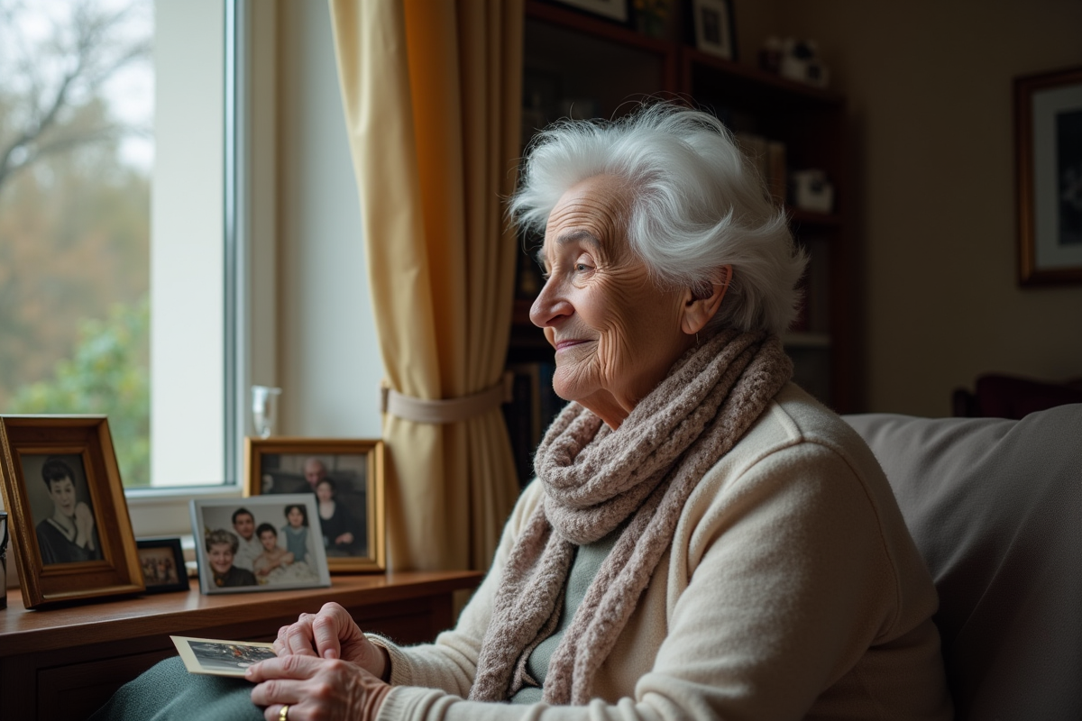 Femme âgée regardant une photo dans un salon chaleureux