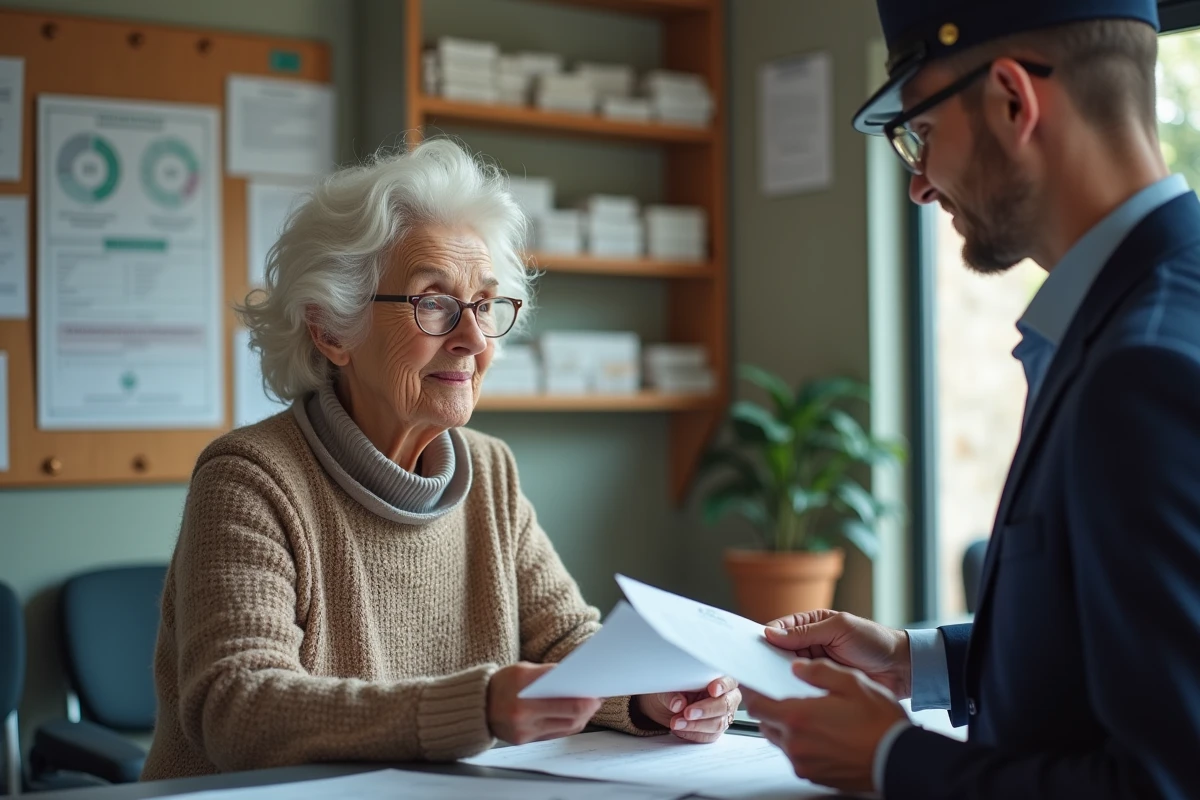 Femme âgée remettant un formulaire à un agent municipal