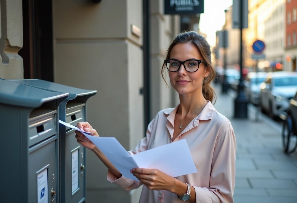 Femme envoyant des documents à la poste en extérieur