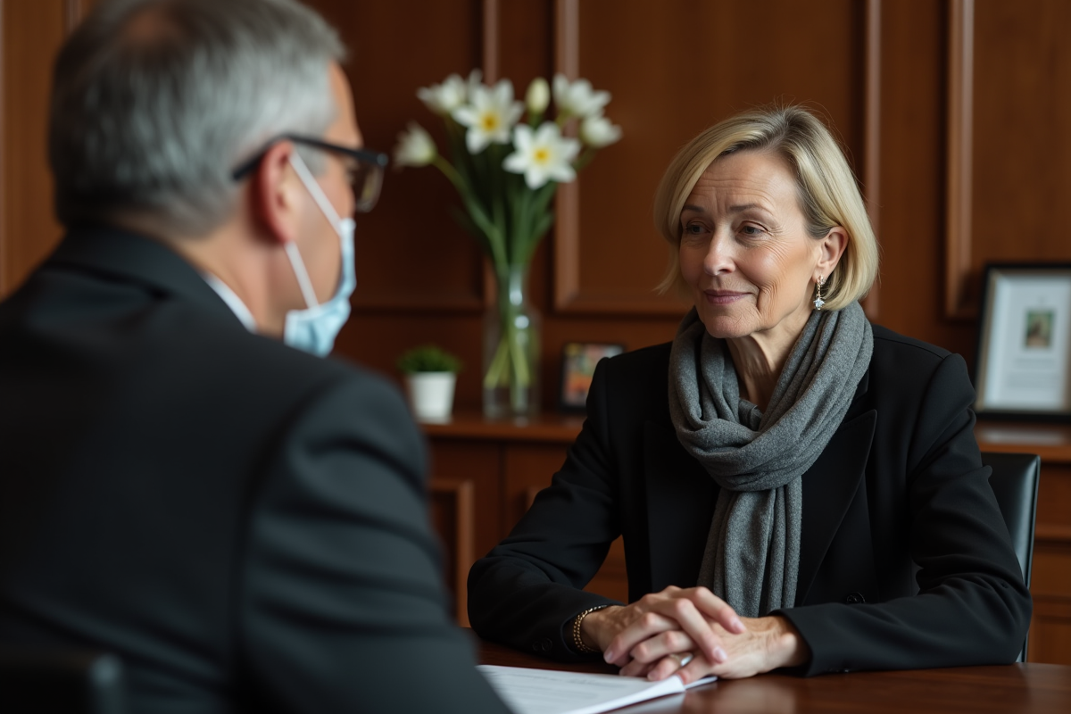 Femme française en manteau noir parle à un directeur de funérailles