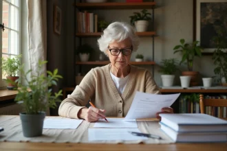 Femme française âgée examinant des documents CNAV à la maison