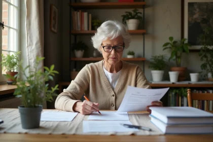 Femme française âgée examinant des documents CNAV à la maison