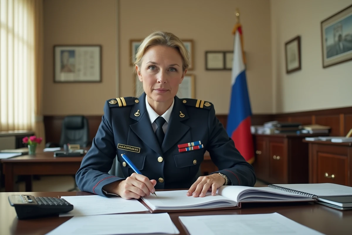 Femme gendarme examinant des dossiers de retraite dans un bureau administratif militaire