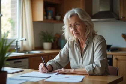 Femme moyenne âge vérifiant ses factures à la maison