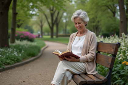 Femme élégante lisant dans un parc verdoyant