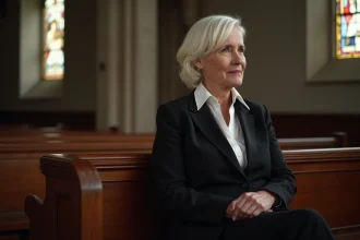 Femme mature en costume noir dans une cathédrale