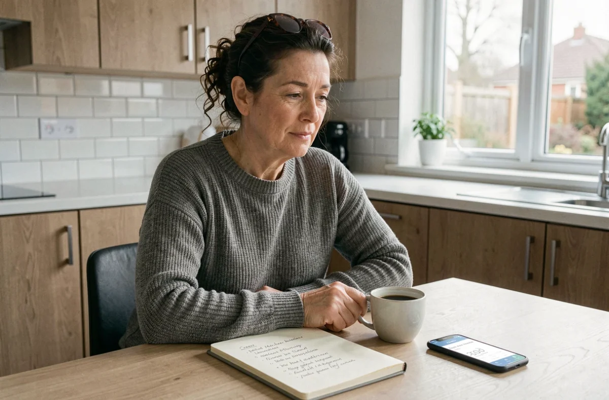 Femme de 48 ans prenant des notes sur sa carrière et consultant une application de retraite sur smartphone à table de cuisine, illustrant la stratégie de sécurisation d'une carrière longue face aux périodes de chômage