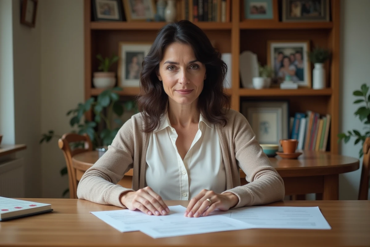 Femme d'âge moyen organisant des documents familiaux à la maison