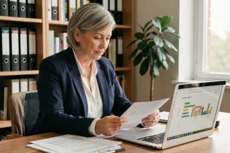 Femme de 45 ans en blazer marine consultant des documents de planification de carrière dans un bureau à domicile, illustrant la sécurisation d'une carrière longue malgré le chômage