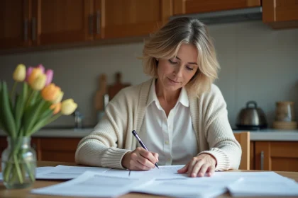 Femme d'âge moyen remplissant ses papiers d'impots chez elle