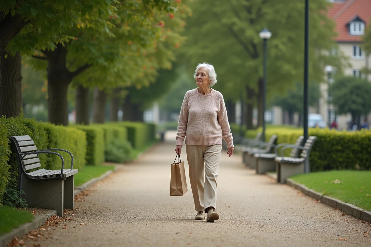 Femme retraitée marchant dans un parc calme