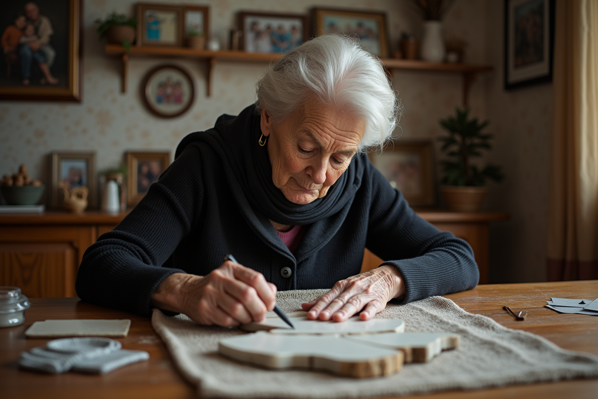 Femme âgée appliquant de la colle sur une plaque en marbre
