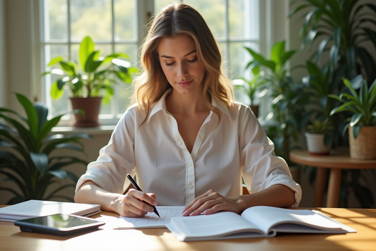 Femme concentrée résolvant un sudoku dans un environnement lumineux