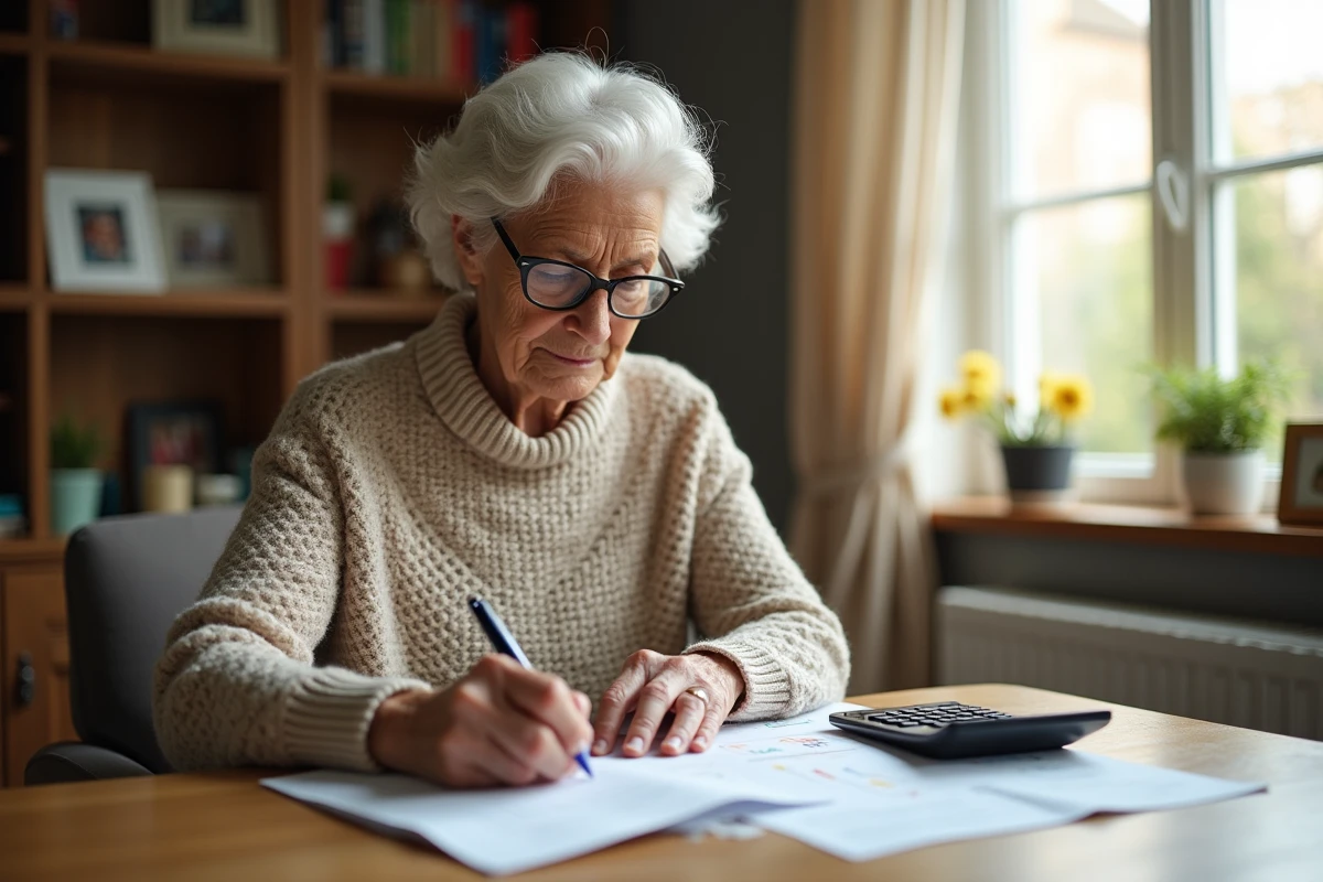 Femme retraitée calculant ses finances à son bureau