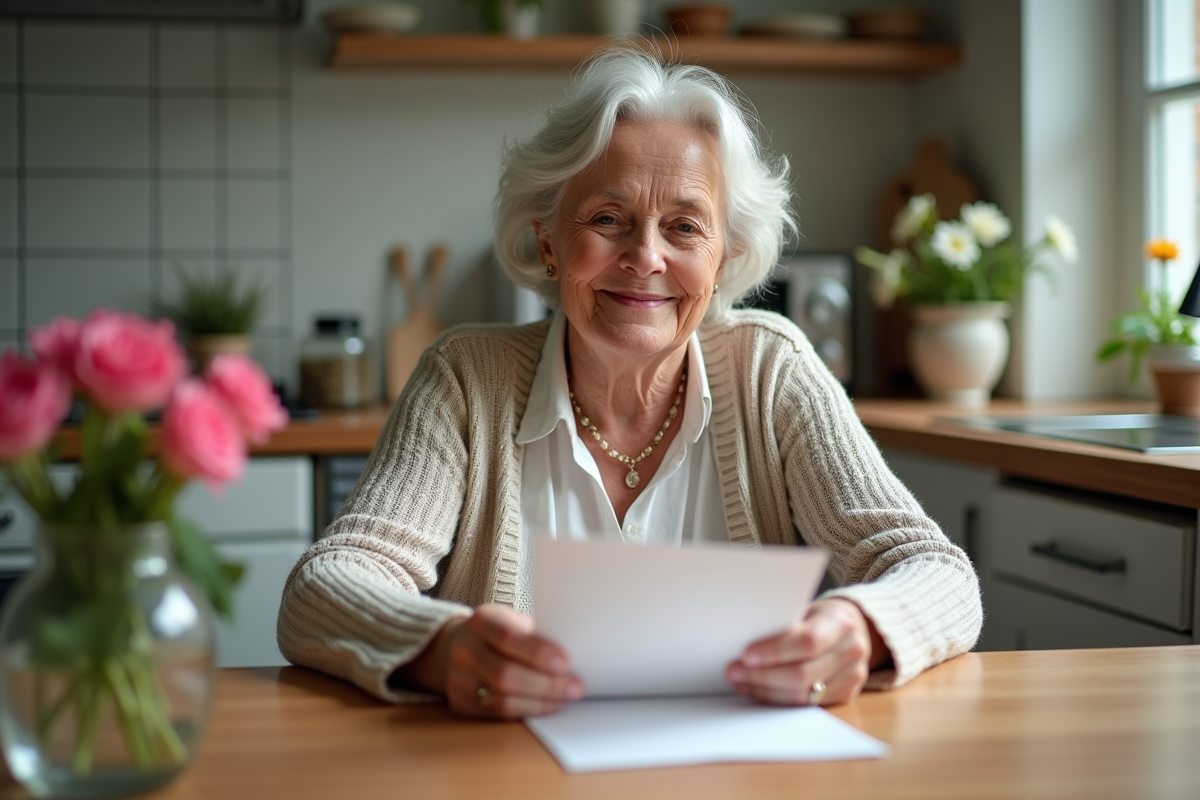 Femme retraitée lisant une lettre dans sa cuisine chaleureuse