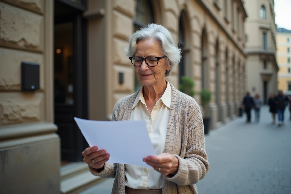 Femme retraitée lisant une lettre dans la rue urbaine