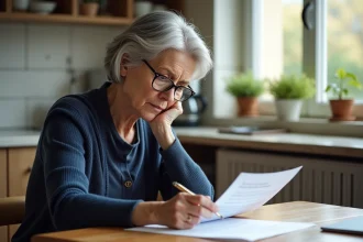 Femme retraitée lisant attentivement sa notification de pension de réversion à table