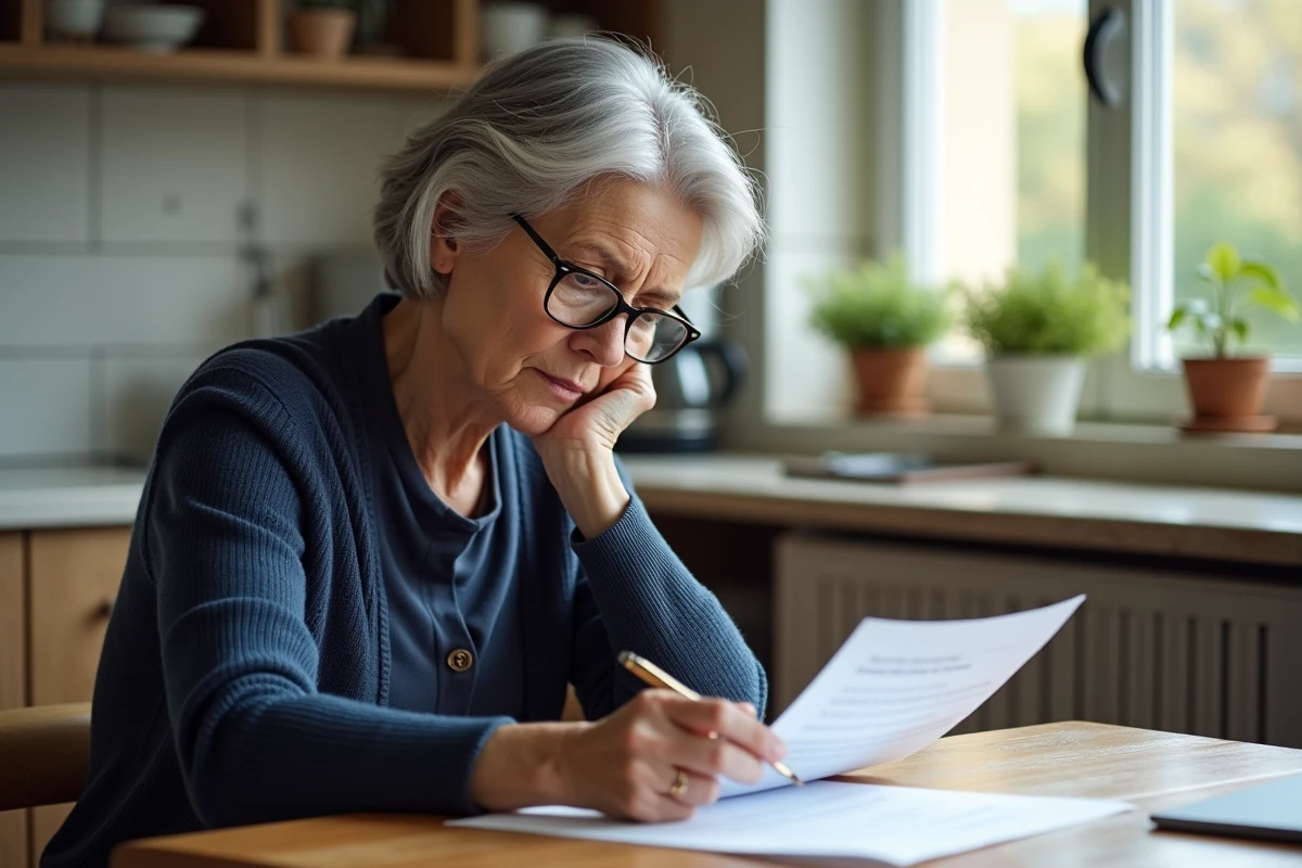 Femme retraitée lisant attentivement sa notification de pension de réversion à table