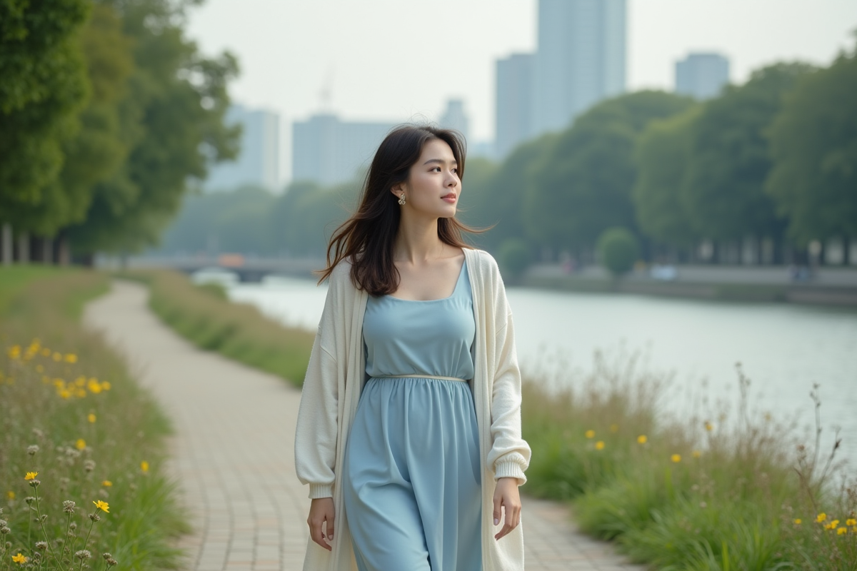 Jeune femme marchant au bord de la rivière
