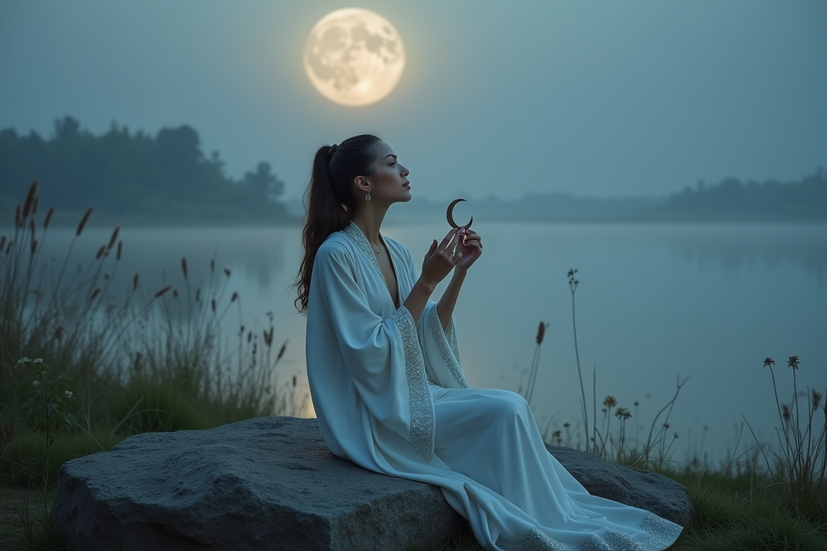 Femme en robe blanche sous la lune près d’un lac