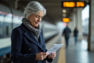 Femme senior consultant sa Carte Avantages SNCF sur un quai de gare régionale en France