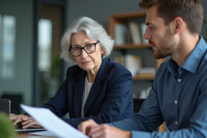 Femme senior en bureau avec collègue jeune en discussion