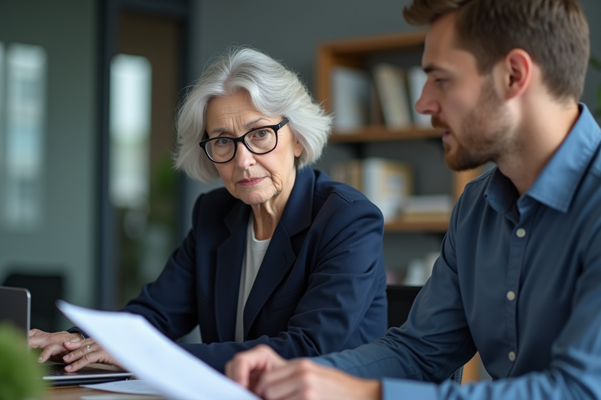 Femme senior en bureau avec collègue jeune en discussion