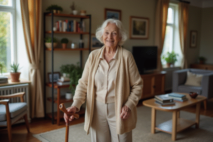 Femme senior souriante avec canne dans un salon lumineux