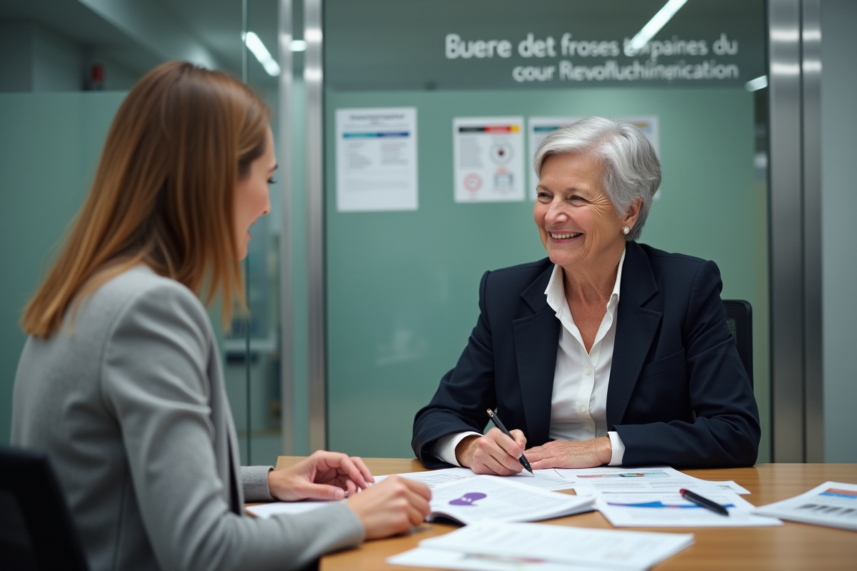 Femme senior en blazer parle avec conseillère dans bureau