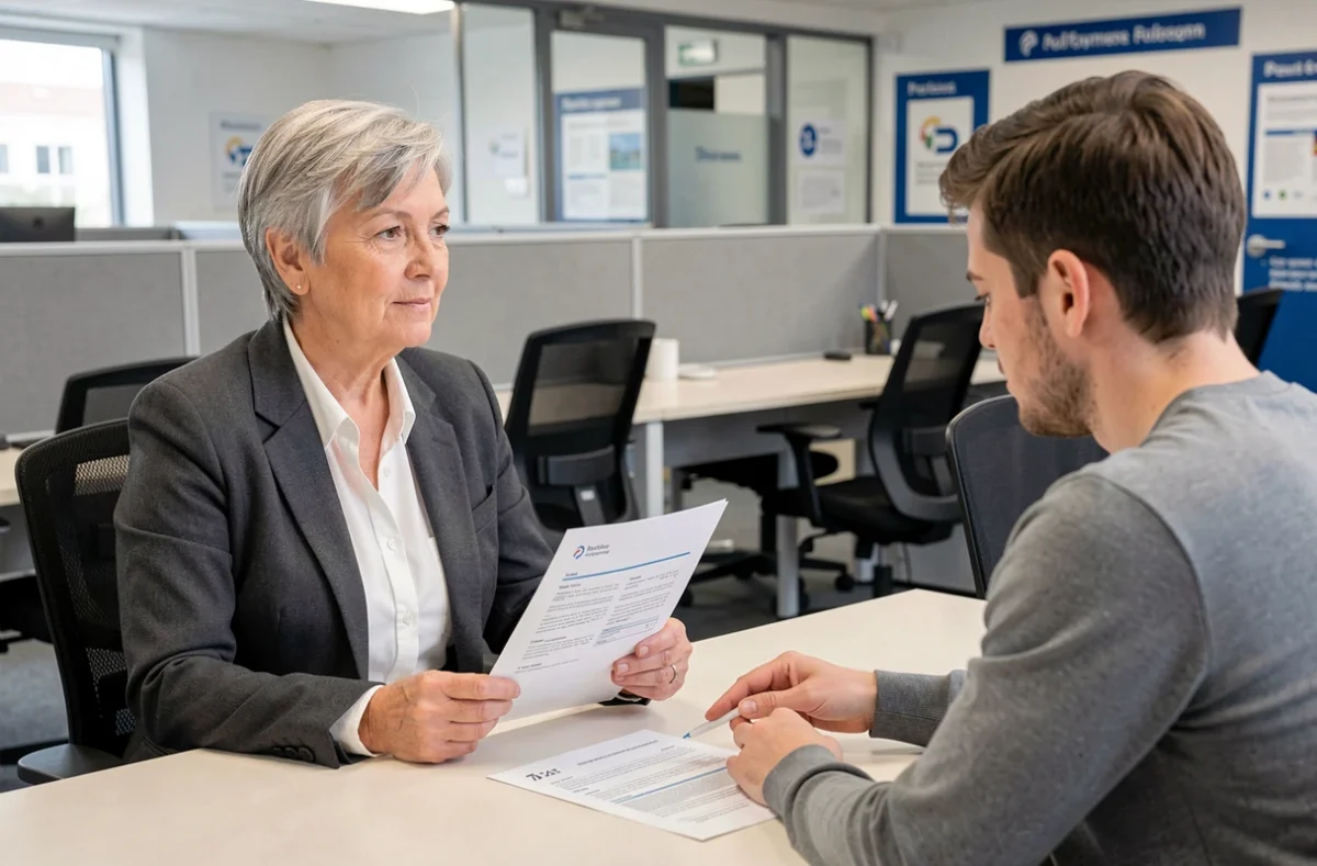 Femme senior en entretien avec un conseiller Pôle emploi tenant son CV, représentant les obligations de recherche d'emploi après l'âge légal de la retraite