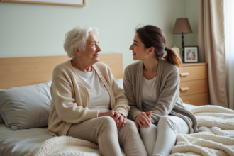 Femme senior et fille discutent dans une chambre lumineuse