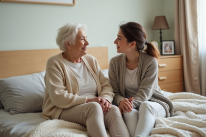 Femme senior et fille discutent dans une chambre lumineuse