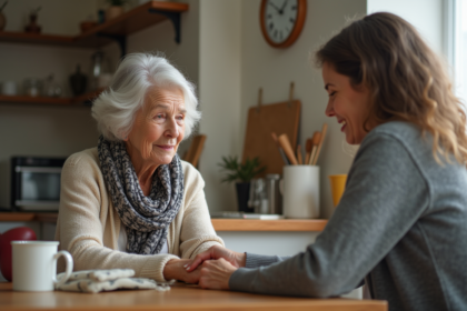 Femme âgée avec sa fille partageant un moment doux à la maison